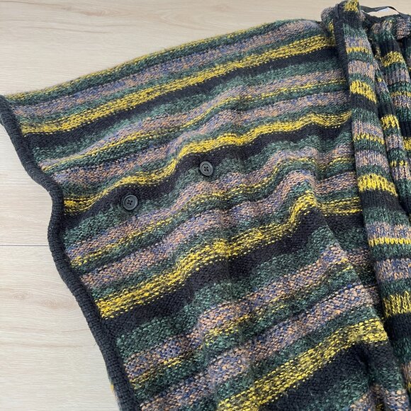 Kensie Striped Black Green Yellow Poncho Fringe Hem Blanket Shawl Button Details - Picture 11 of 13